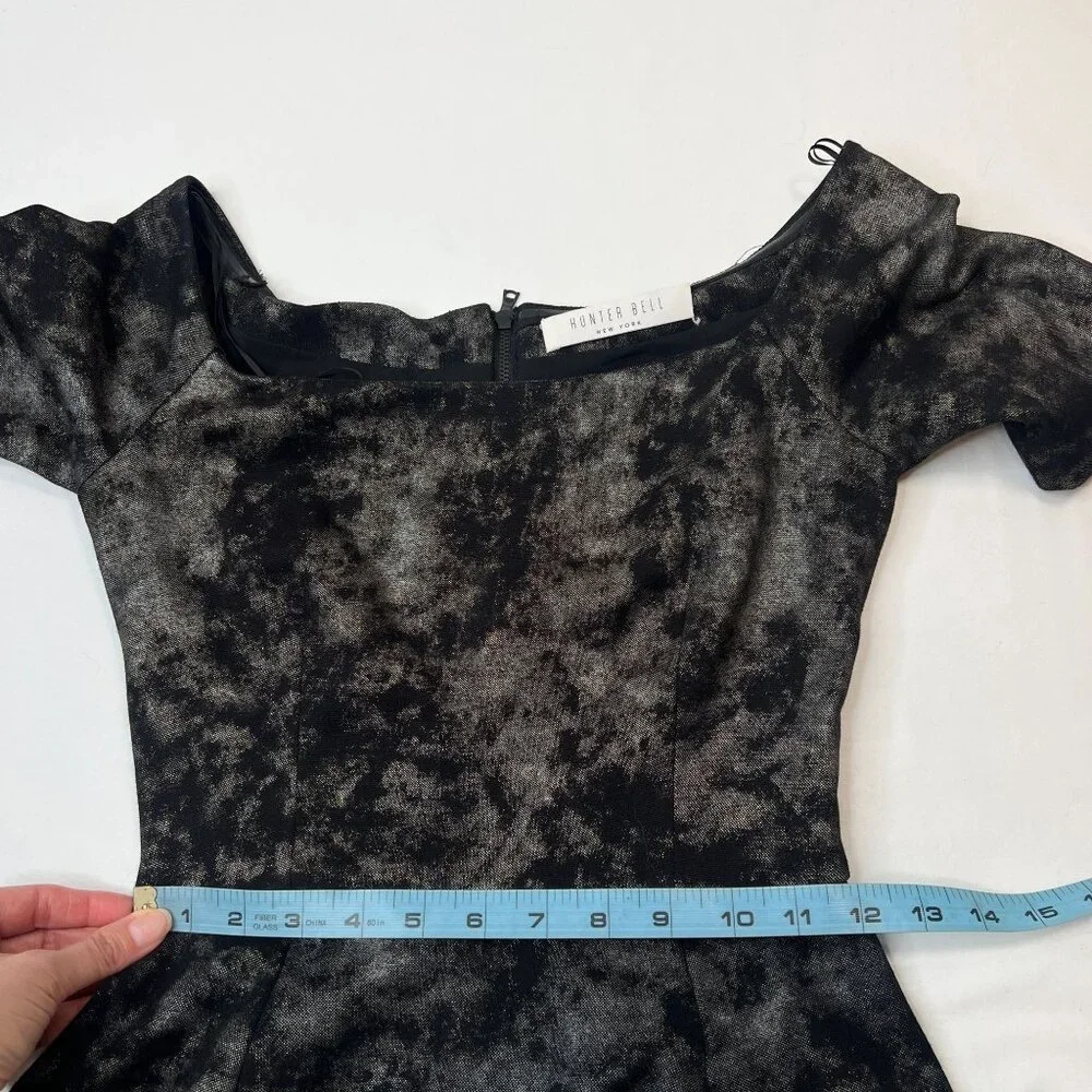 Hunter Bell Metallic Marble Mini Skater Dress Black Silver Gold XS